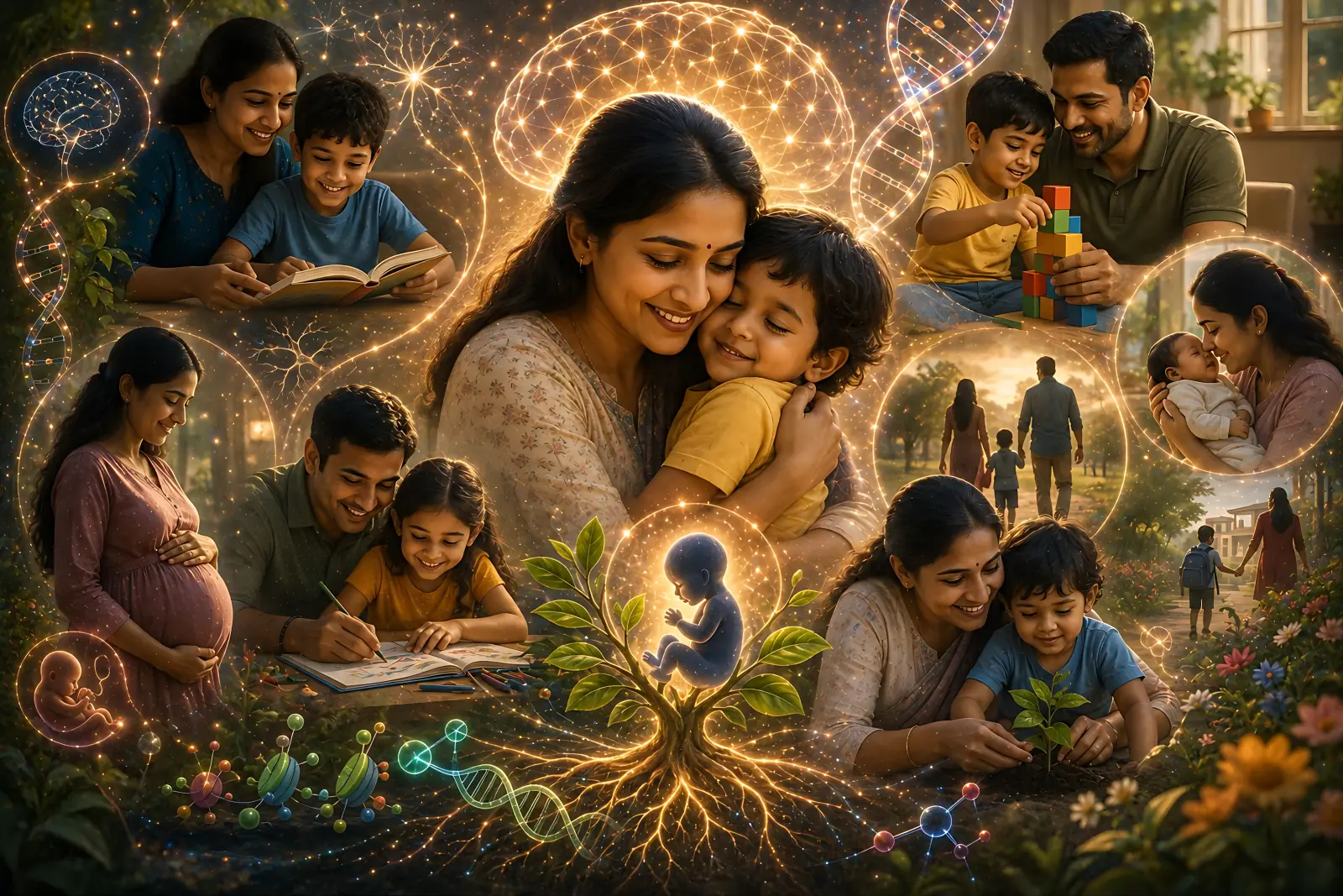 Indian parents nurturing their children — a mother and child embracing, families reading together, and parents supporting early childhood development.