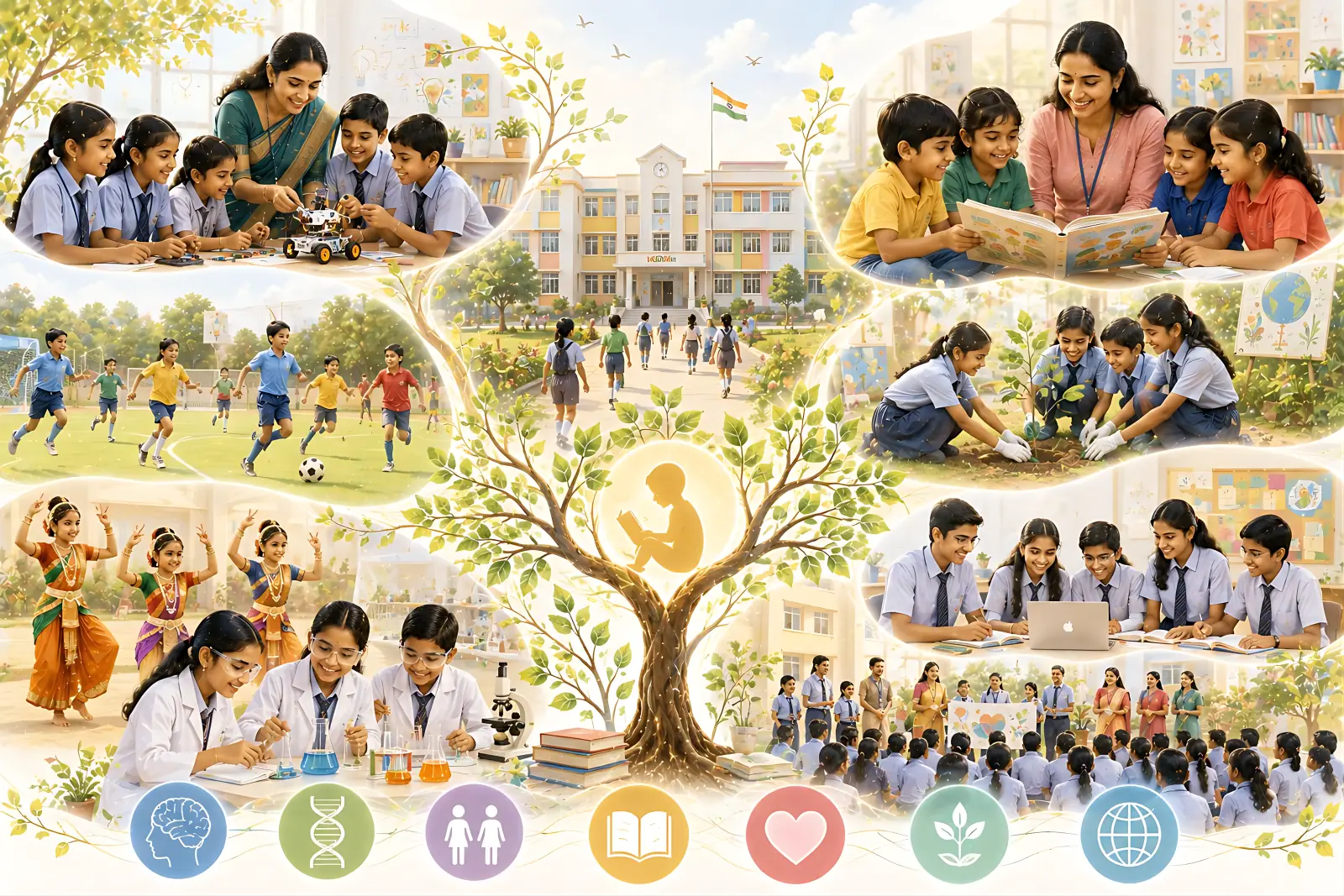 Vibrant school scenes showing children learning, playing, dancing, doing science experiments and growing together in an Indian school.