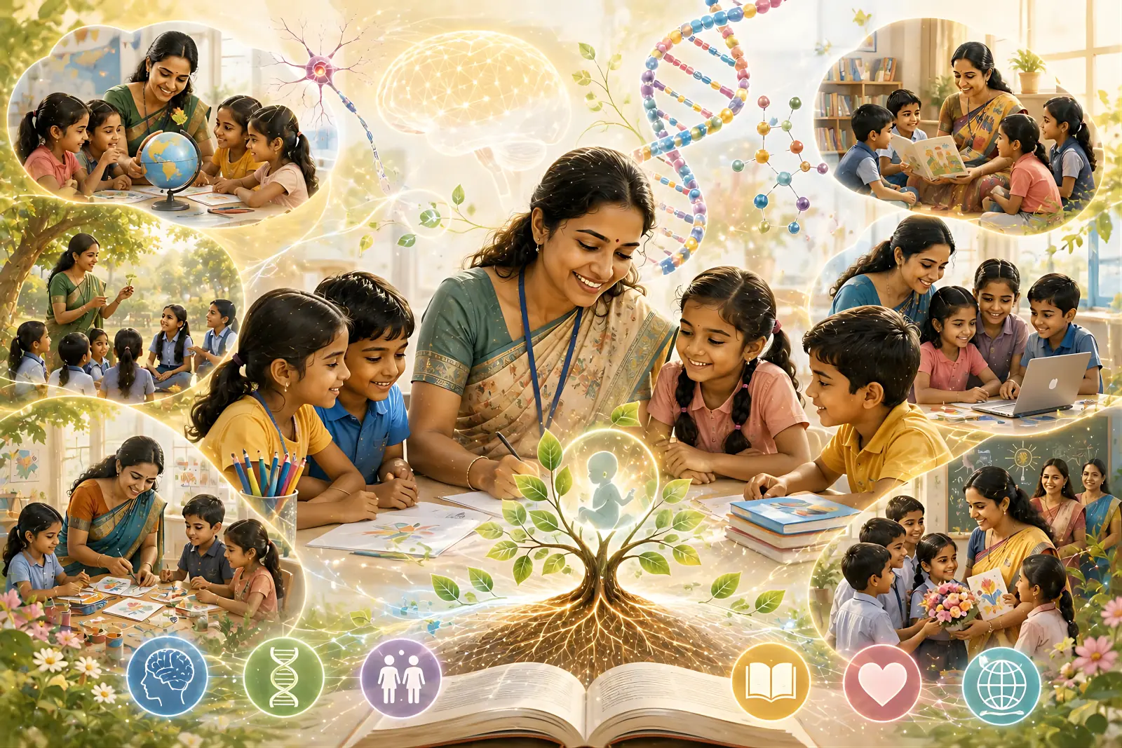 Indian teacher smiling and engaging with children in a classroom, surrounded by scenes of learning and development.